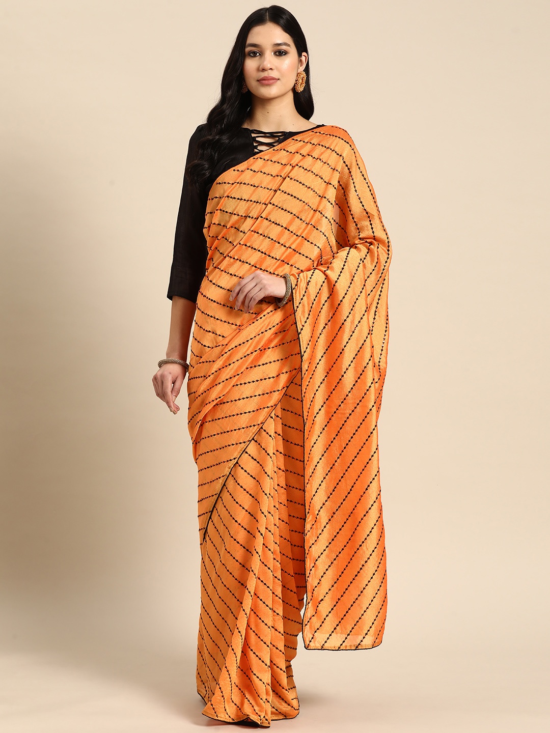 

3BUDDY FASHION Striped Sequinned Art Silk Leheriya Saree, Orange