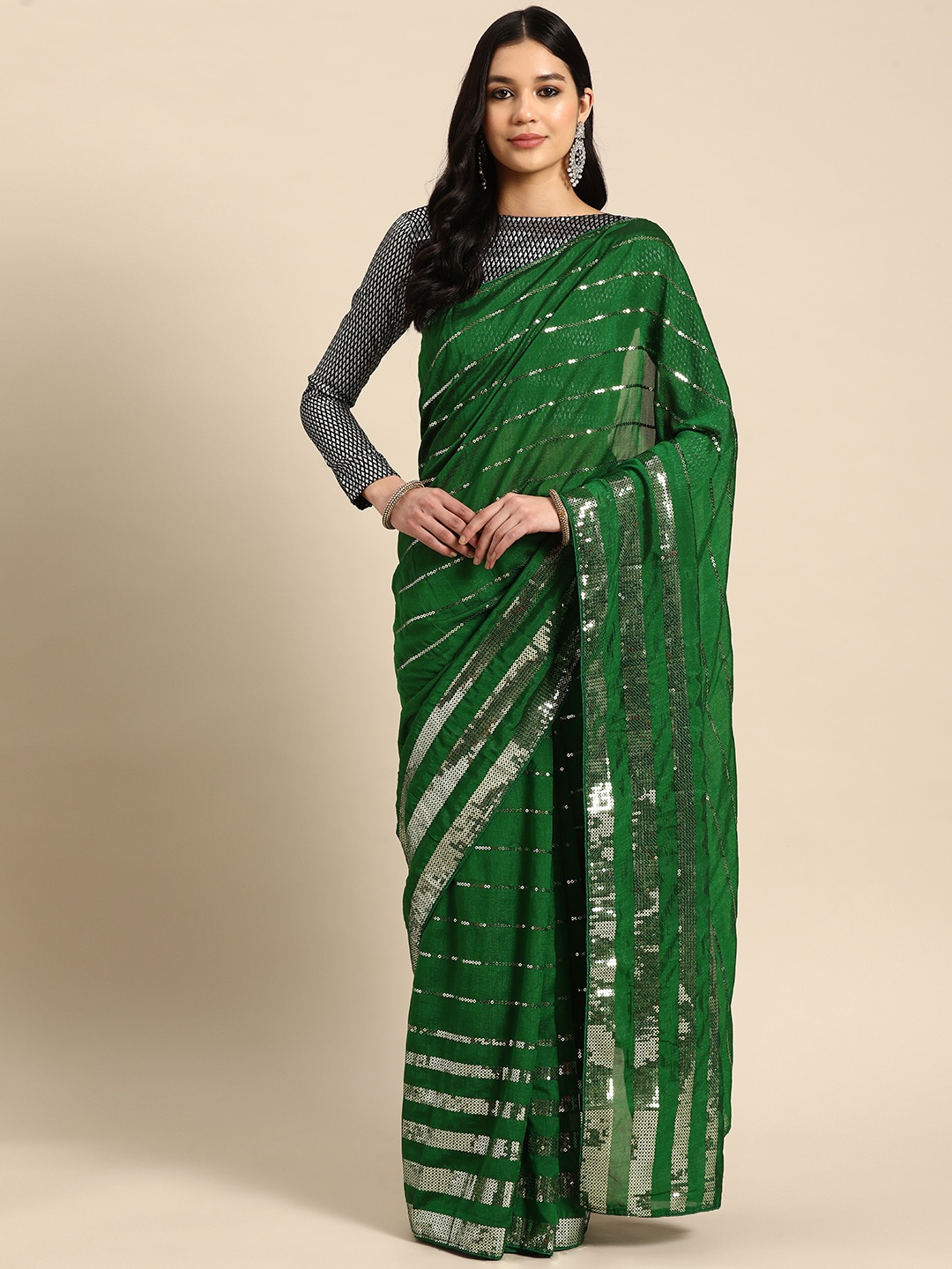 

3BUDDY FASHION Striped Sequinned Art Silk Heavy Work Venkatgiri Saree, Green