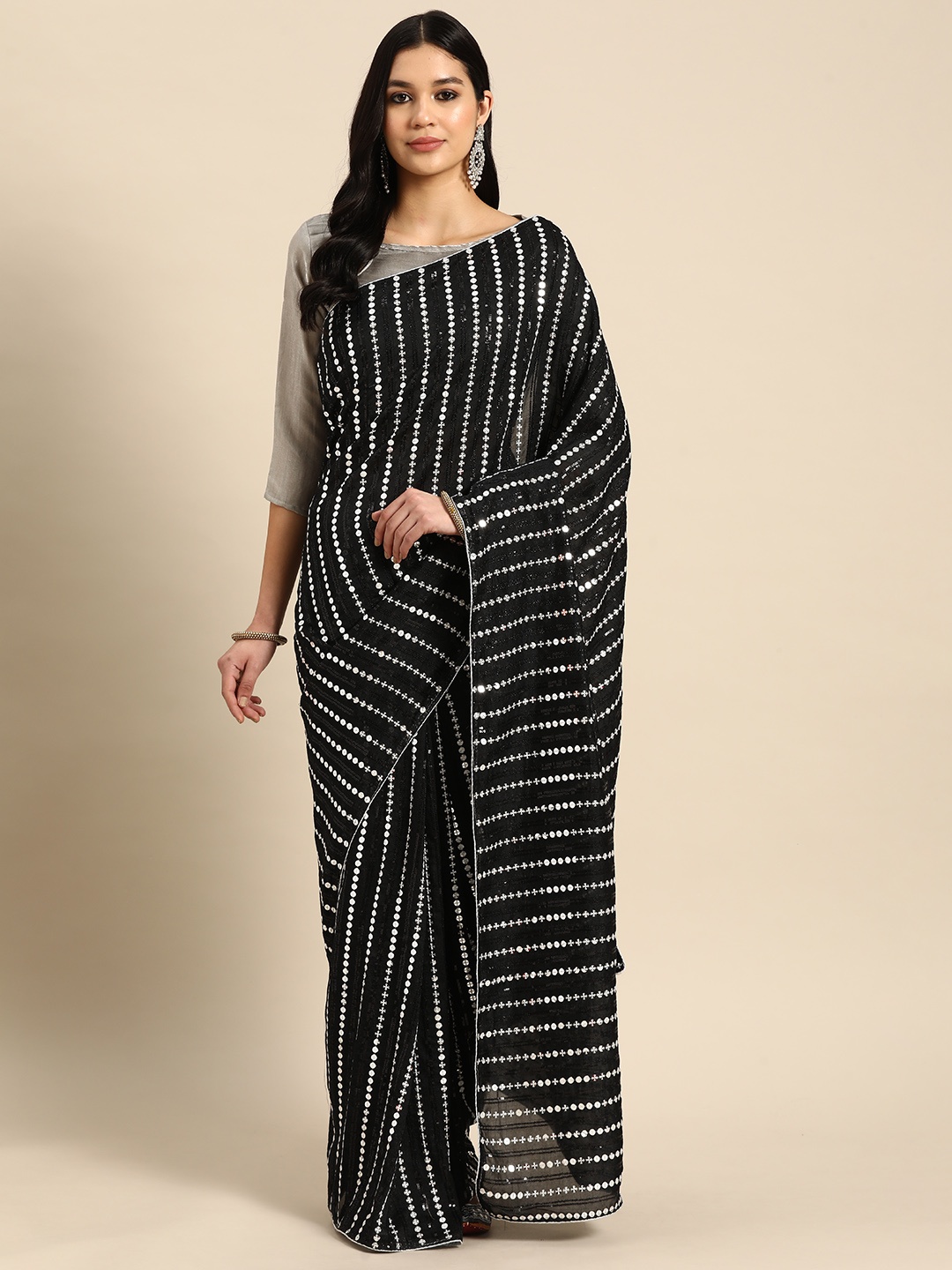 

3BUDDY FASHION Striped Sequinned Art Silk Heavy Work Dharmavaram Saree, Silver