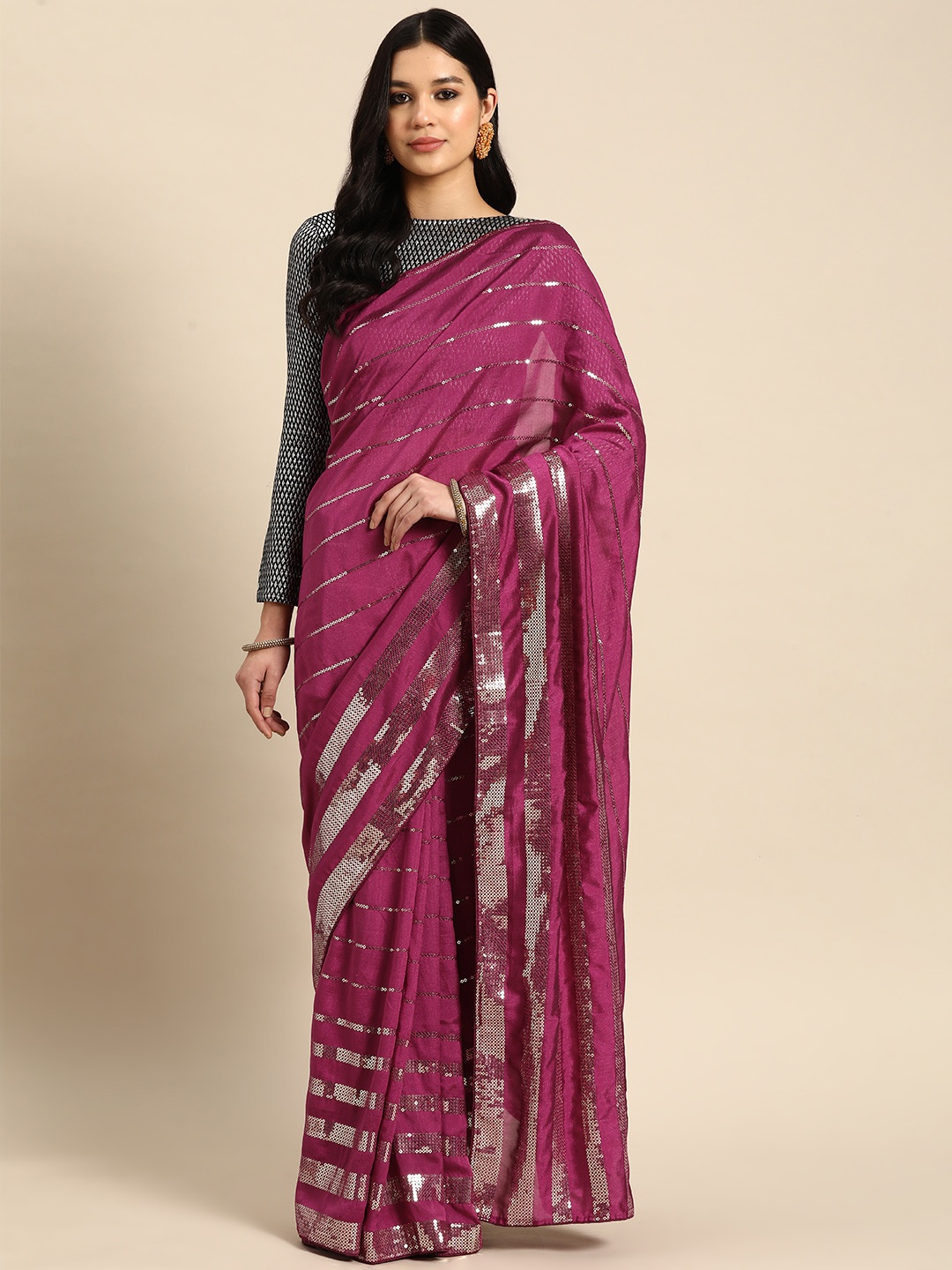 

3BUDDY FASHION Striped Sequinned Art Silk Venkatgiri Saree, Pink