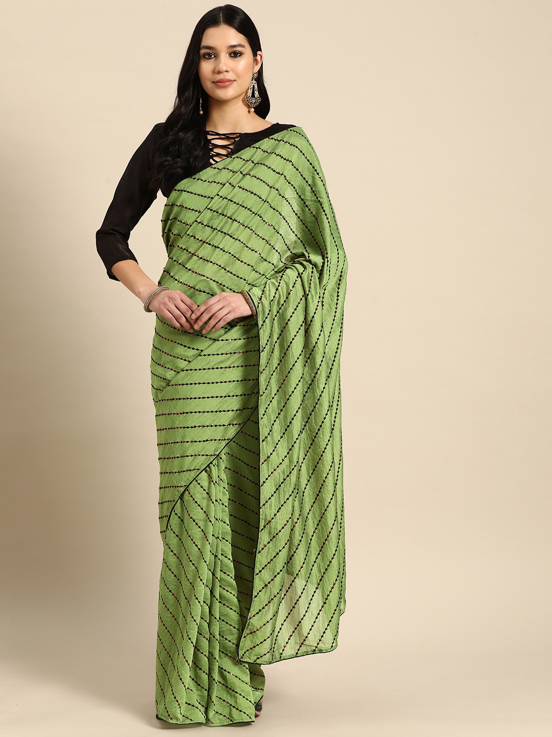 

3BUDDY FASHION Striped Sequinned Art Silk Leheriya Saree, Fluorescent green