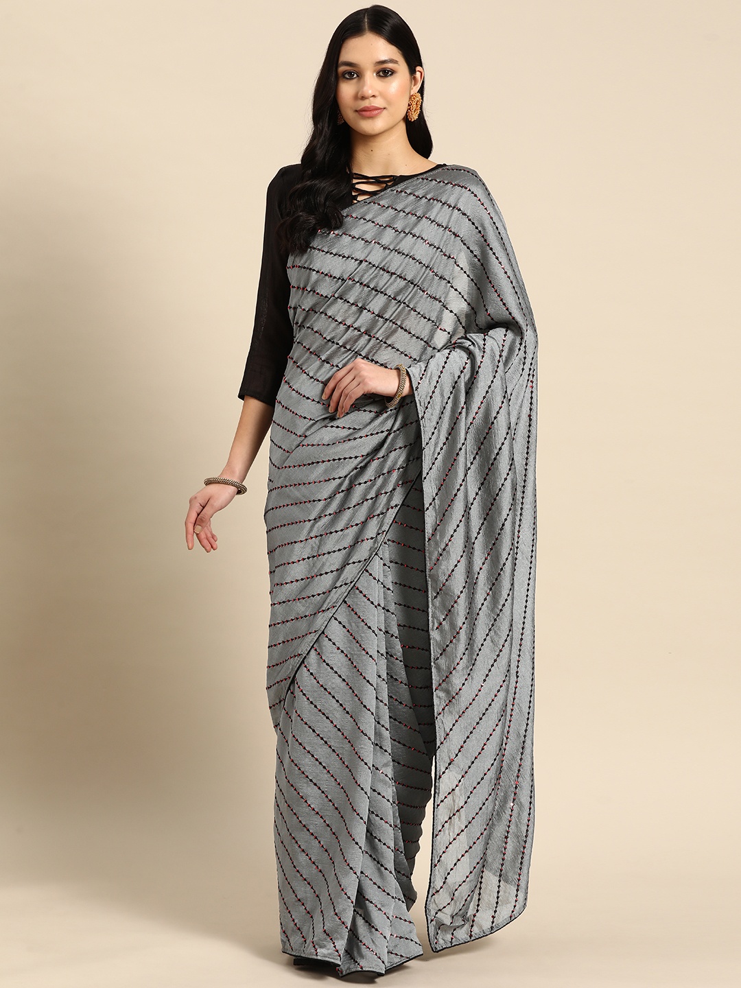 

3BUDDY FASHION Striped Sequinned Art Silk Leheriya Saree, Grey