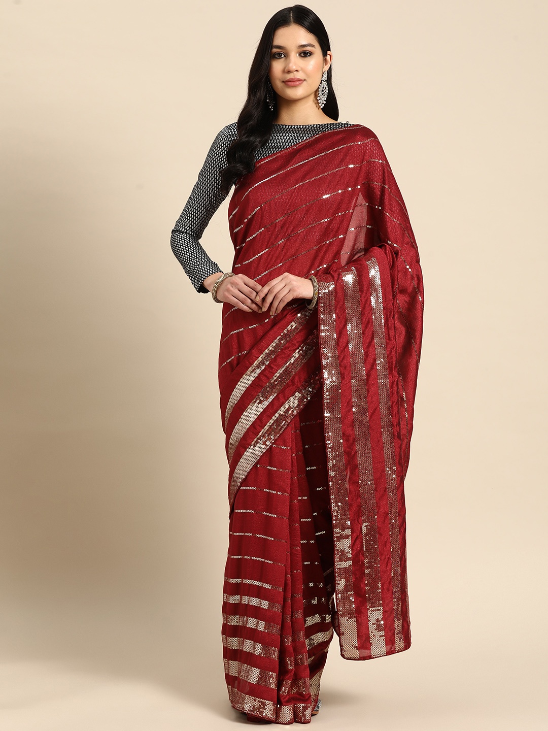 

3BUDDY FASHION Striped Sequinned Art Silk Heavy Work Venkatgiri Saree, Red