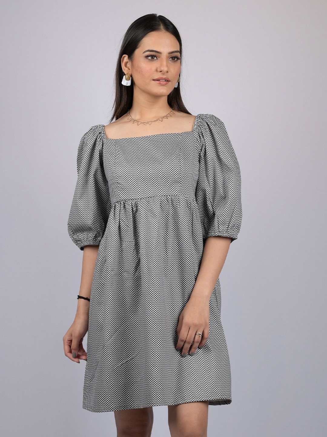 

OWO THE LABEL Micro Pattern Abstract Printed Puff Sleeves Pure Cotton Fit & Flare Dress, Grey