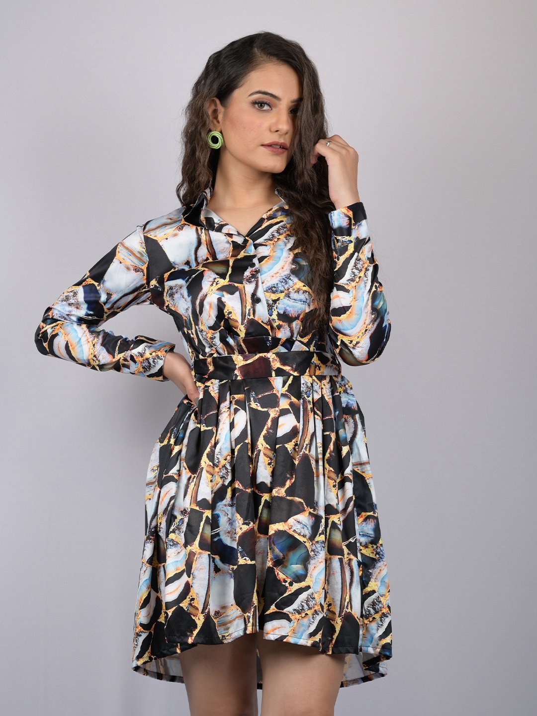 

OWO THE LABEL Abstract Printed High-Low Shirt Dress, Black