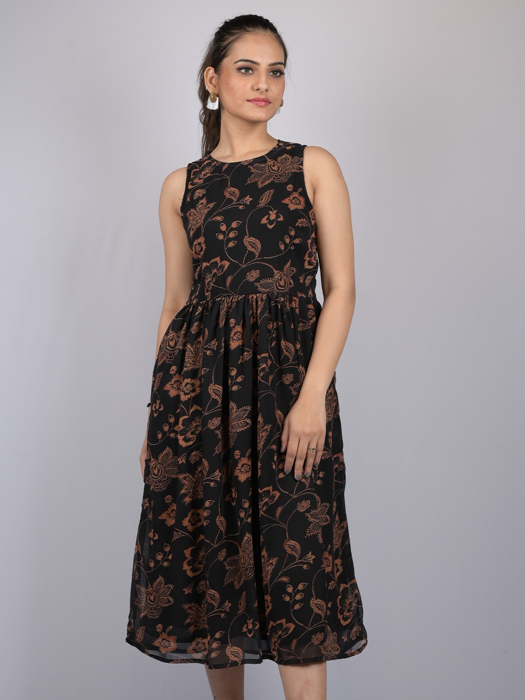

OWO THE LABEL Black & Brown Ethnic Motifs Chiffon Midi Dress
