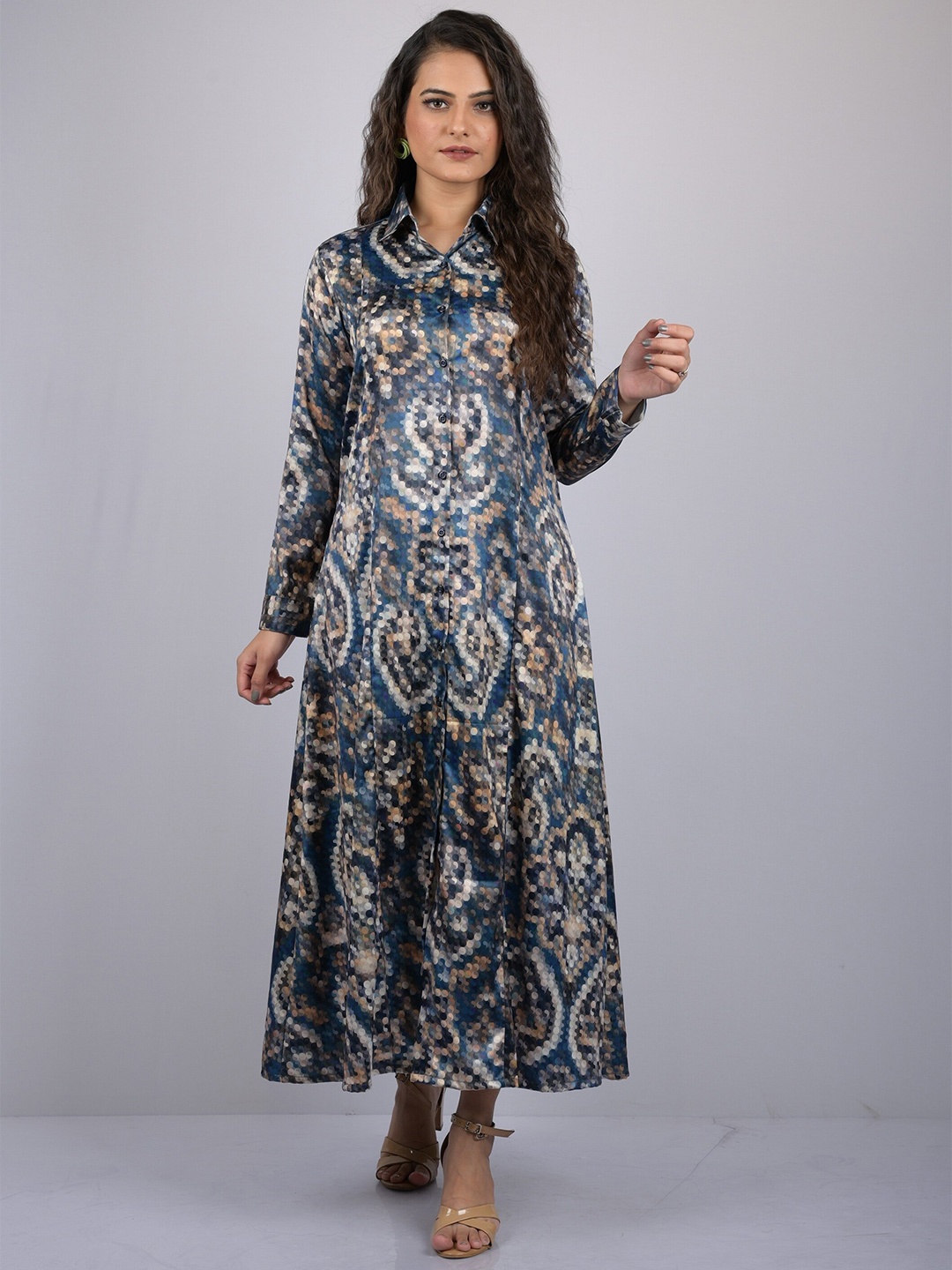 

OWO THE LABEL Blue & White Satin Shirt Midi Dress