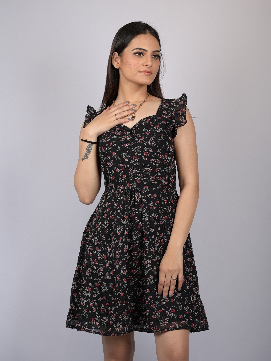 

OWO THE LABEL Floral Chiffon Dress, Black
