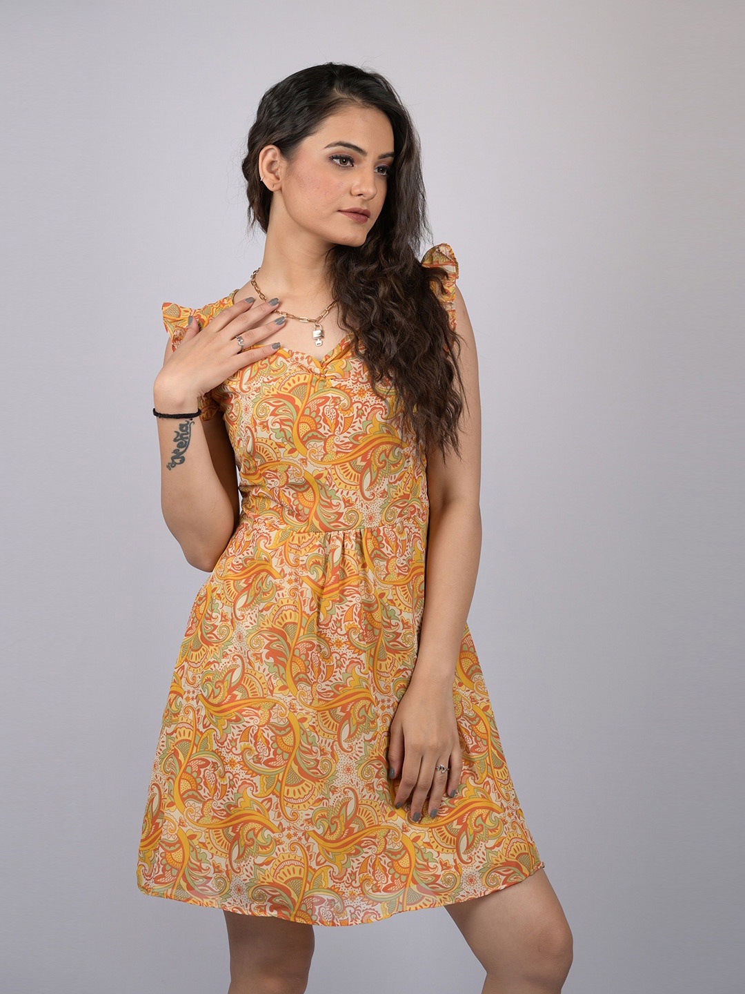 

OWO THE LABEL Floral Chiffon Dress, Mustard