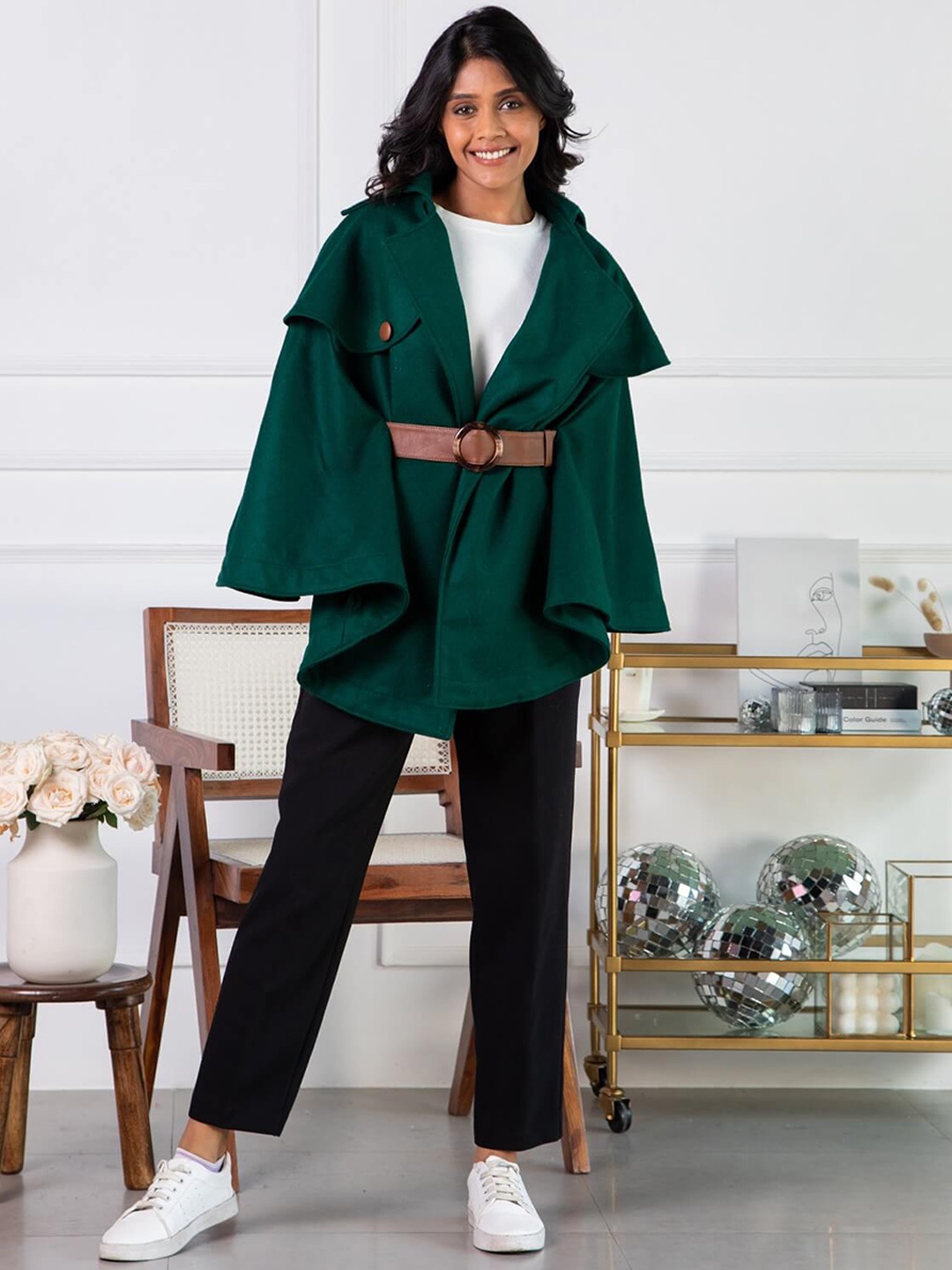 

Rhe-Ana Women Woolen Longline Open Front Jacket, Green