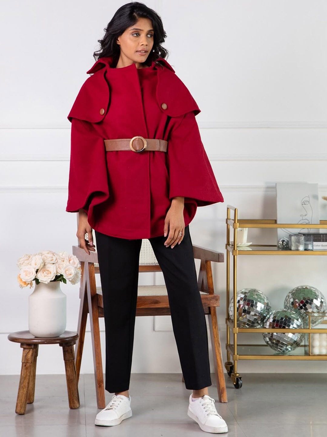 

Rhe-Ana Women Woolen Longline Open Front Jacket, Burgundy