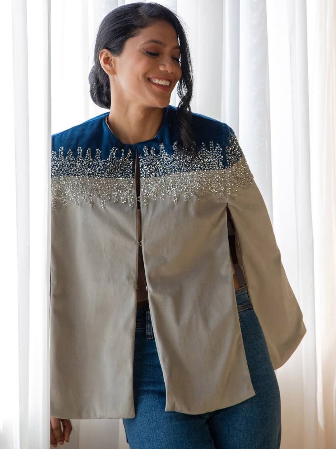 

Rhe-Ana Women Colourblocked Embellished Cape Jacket, Grey