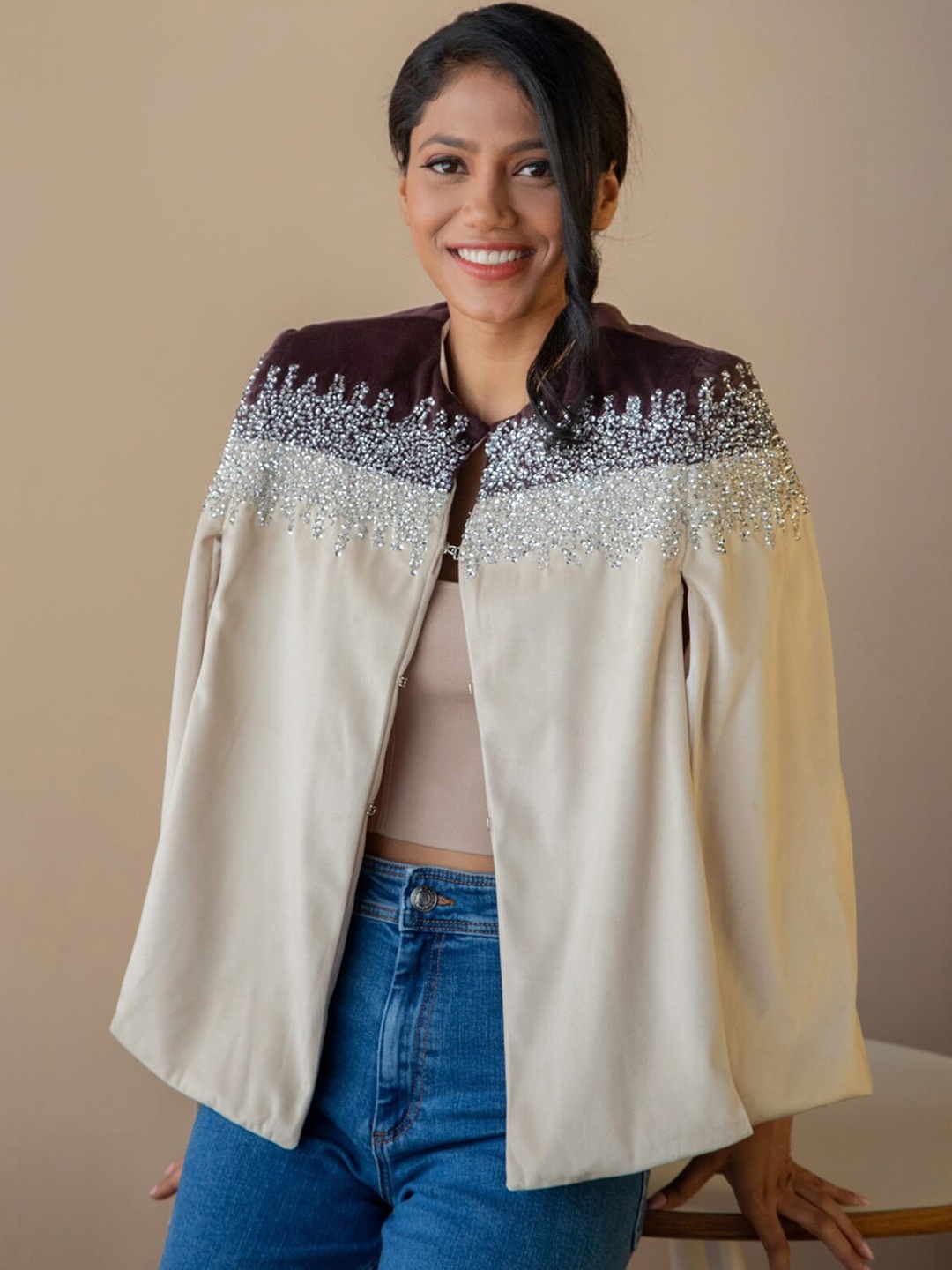 

Rhe-Ana Women Colourblocked Embellished Cape Jacket, Grey