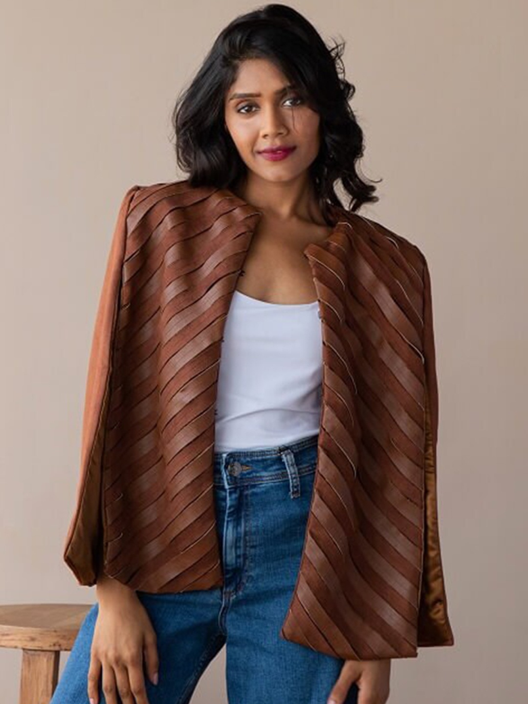 

Rhe-Ana Women Striped Cape Jacket, Brown