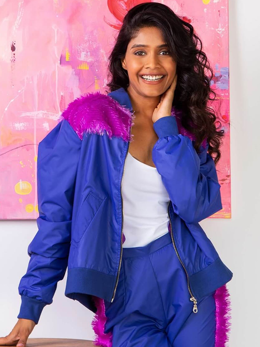 

Rhe-Ana Women Colourblocked Faux Fur Trim Bomber Jacket, Blue