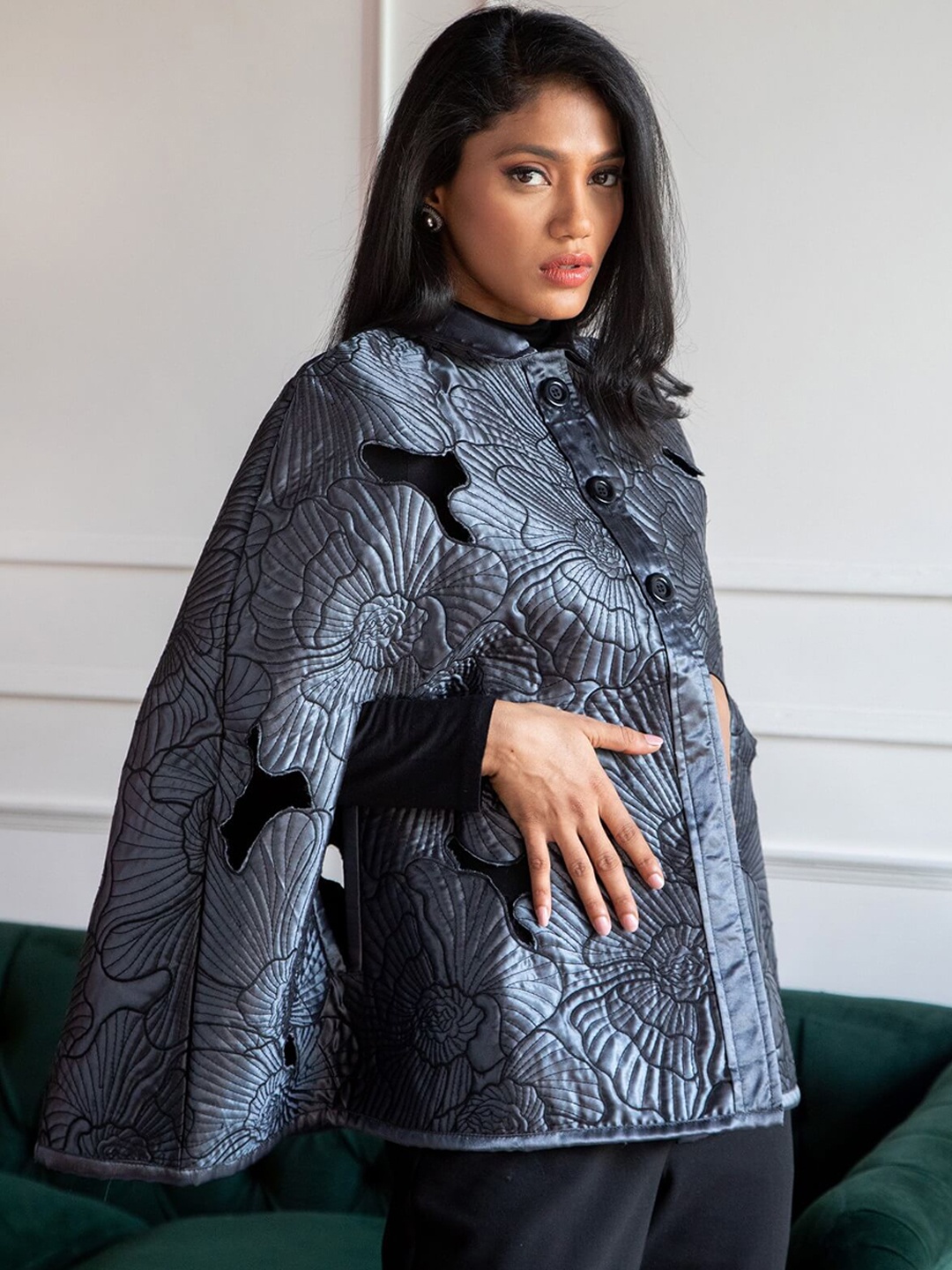 

Rhe-Ana Women Floral Self Design Longline Cape Jacket, Charcoal