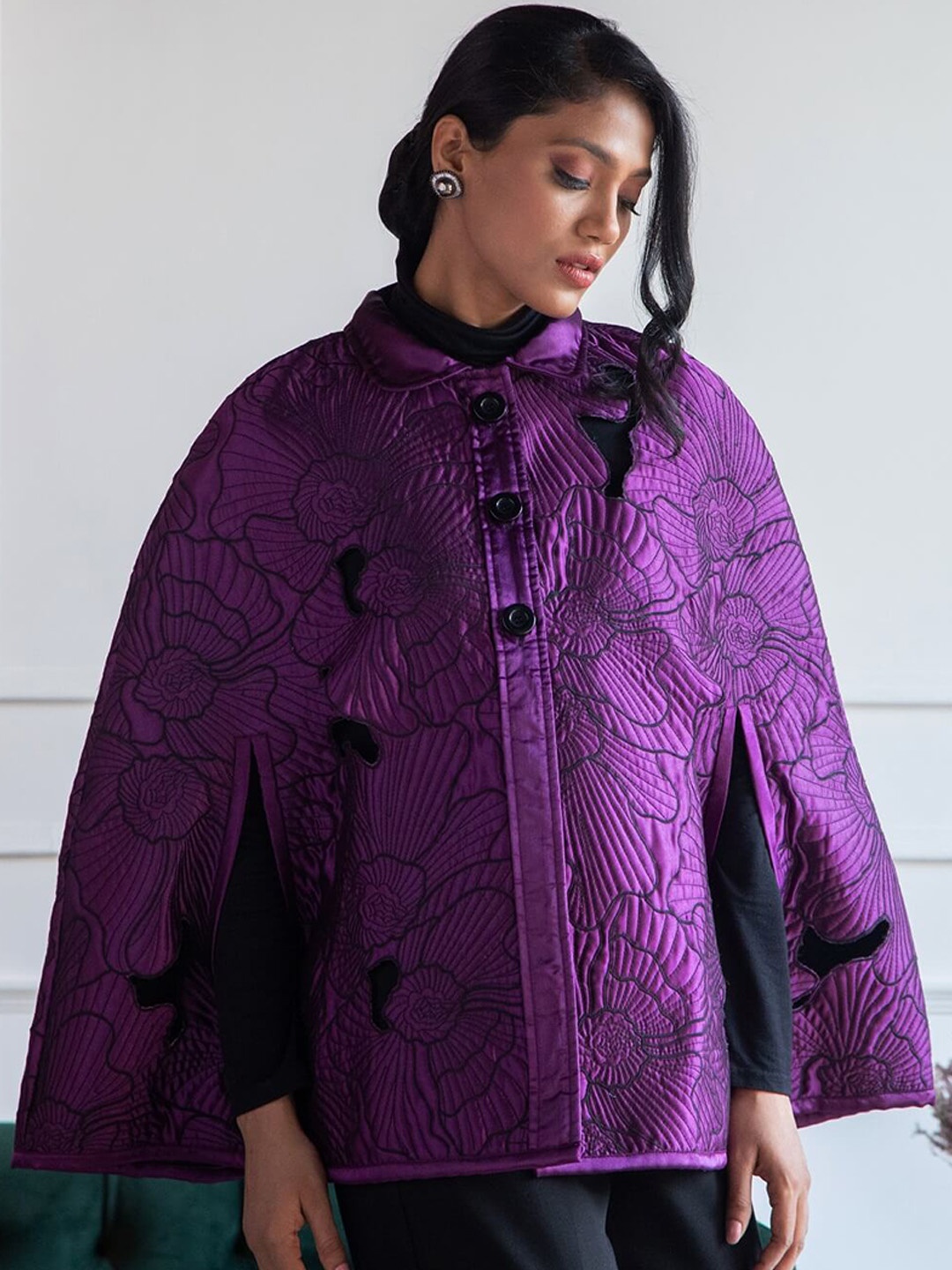 

Rhe-Ana Women Floral Cape Jacket with Embroidered, Purple