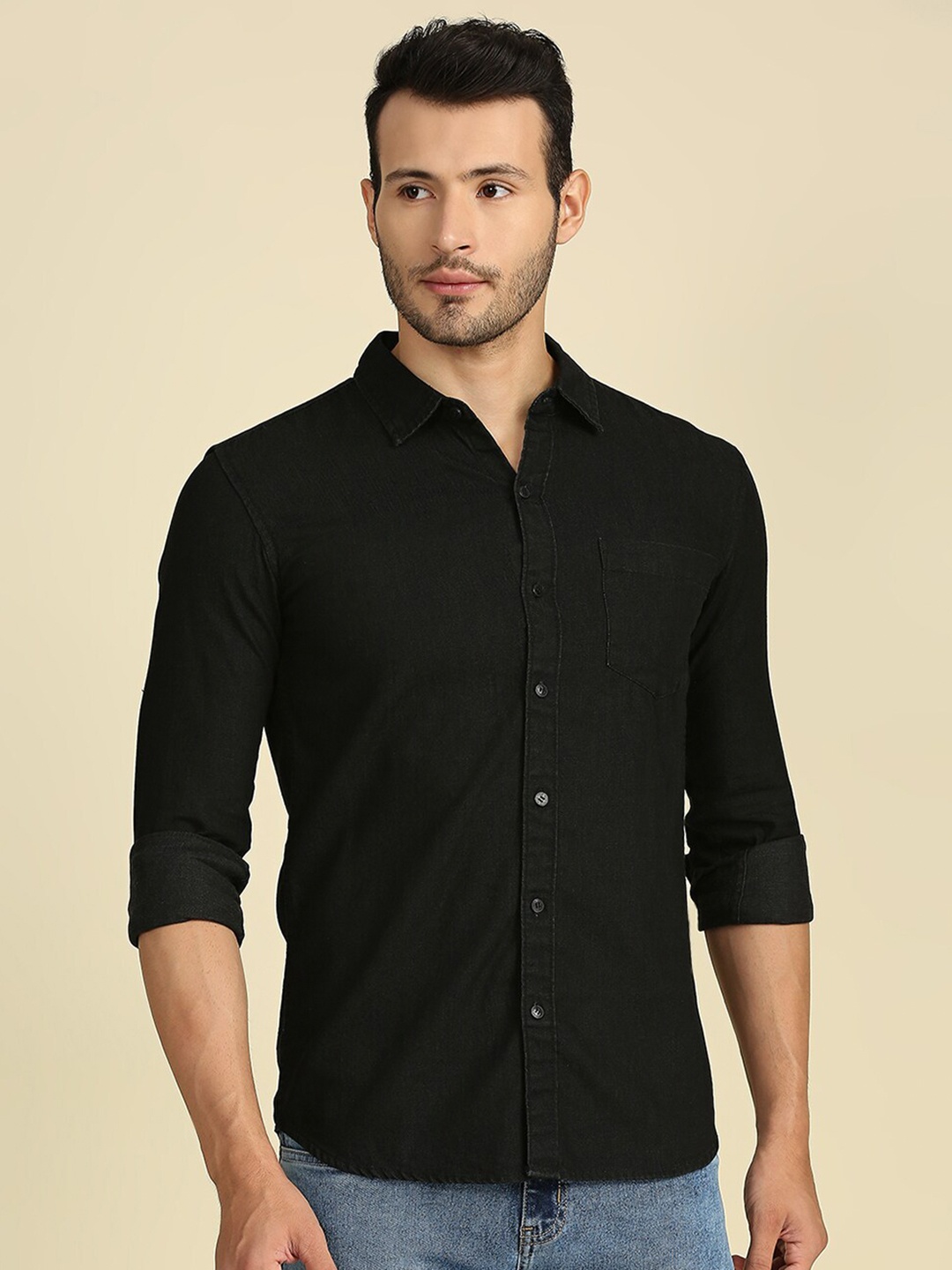 

High Star Men Solid Cotton Slim Fit Casual Shirt, Black