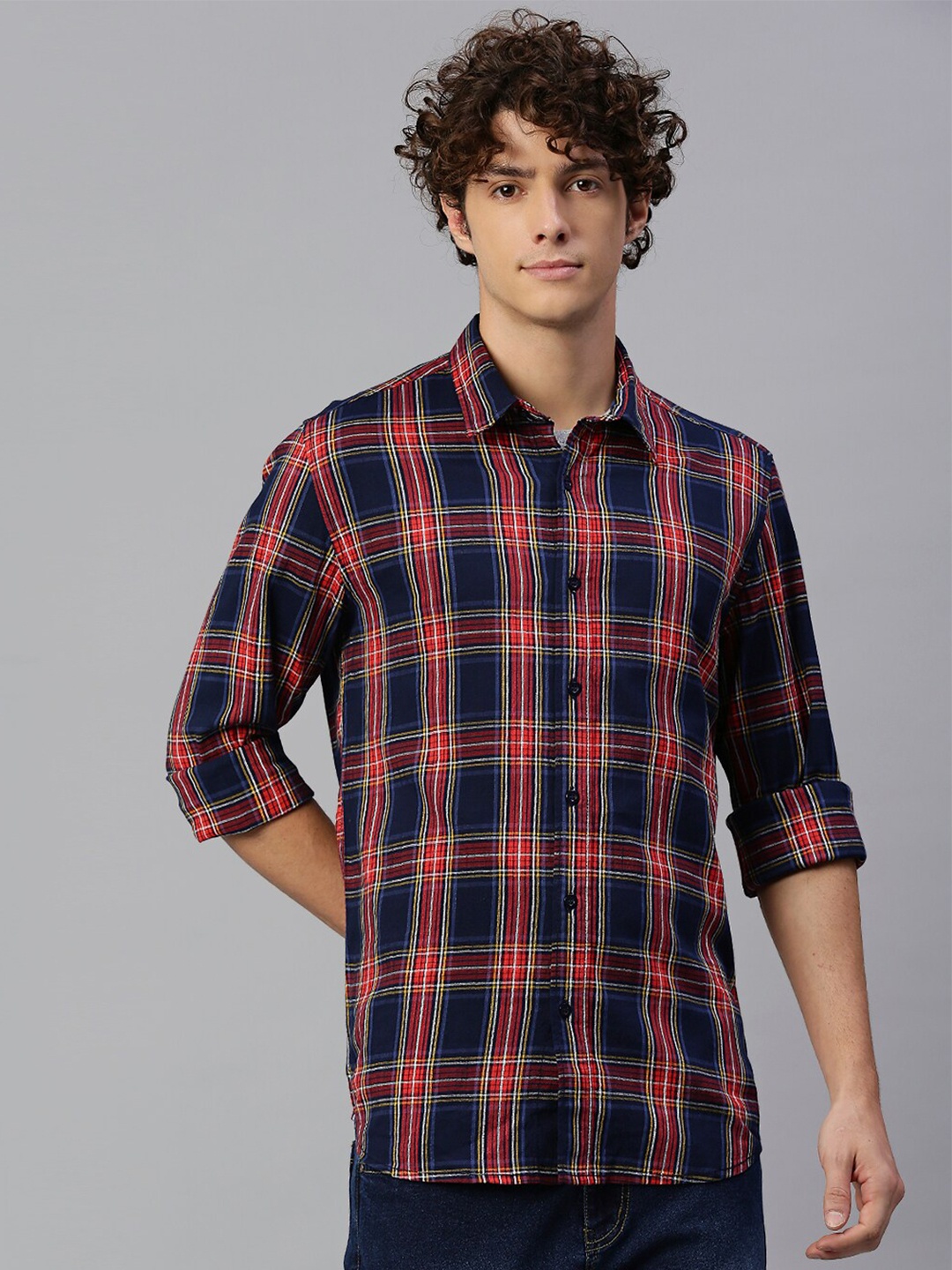 

High Star Men Checked Cotton Slim Fit Casual Shirt, Navy blue