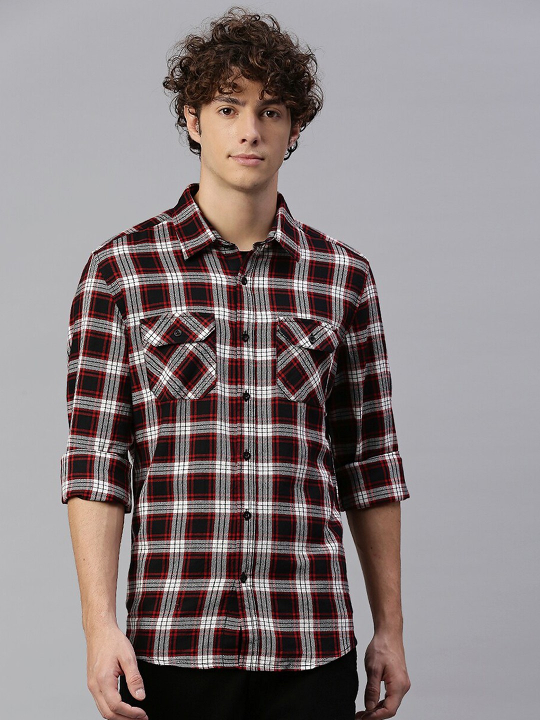 

High Star Men Checked Cotton Slim Fit Casual Shirt, Maroon