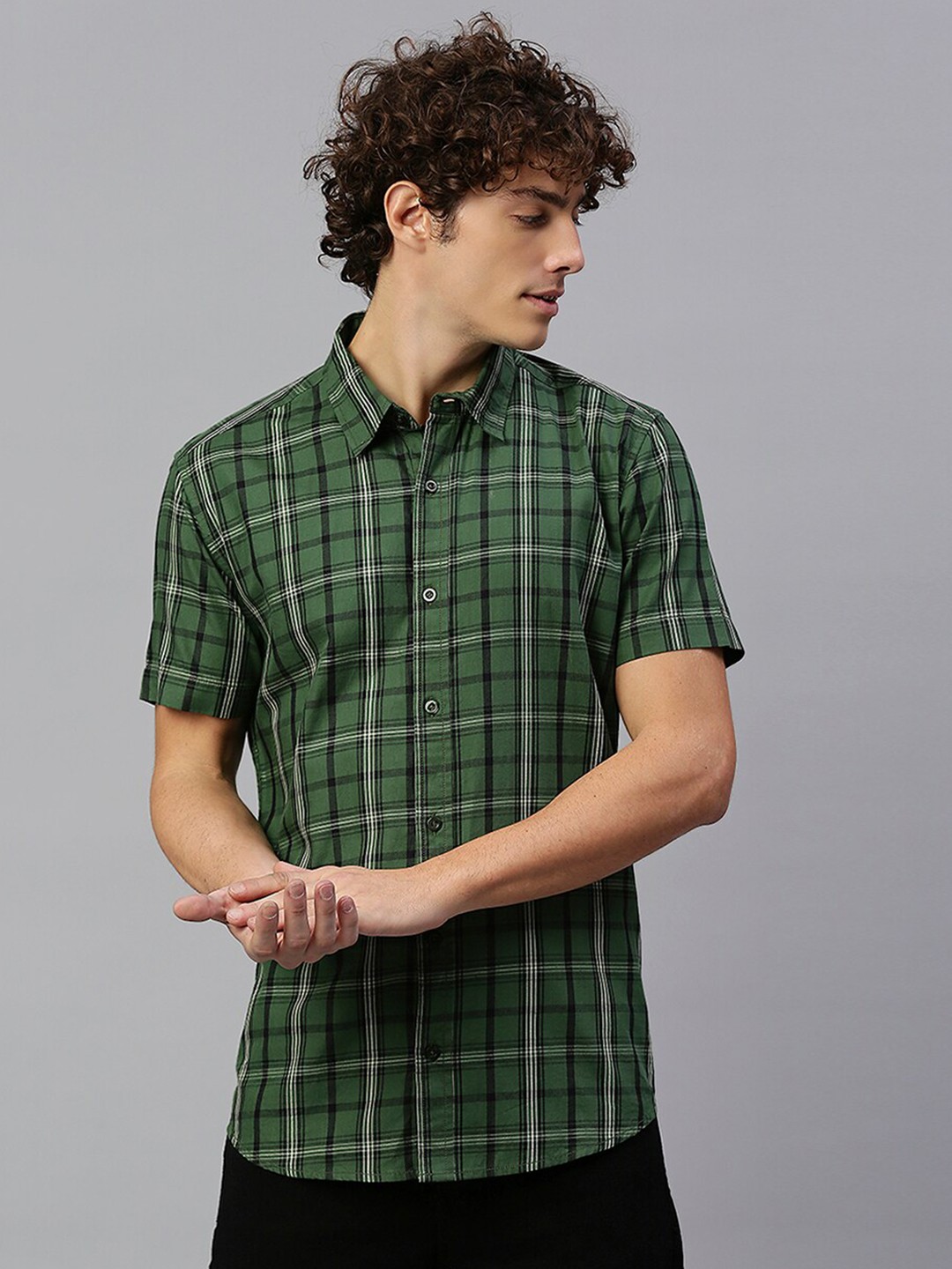 

High Star Men Checked Cotton Slim Fit Casual Shirt, Green