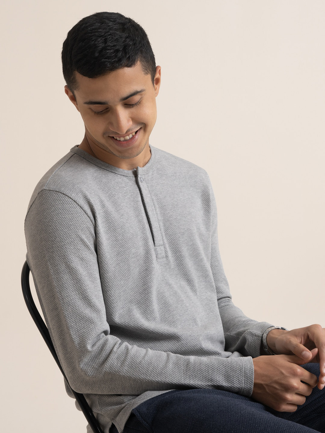 

DAMENSCH Premium Cotton Textured Henley Neck Regular Fit T-shirt, Grey melange