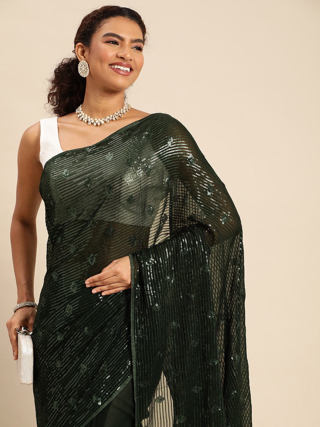 

kasee Embellished Striped Sequinned Pure Georgette Saree, Green