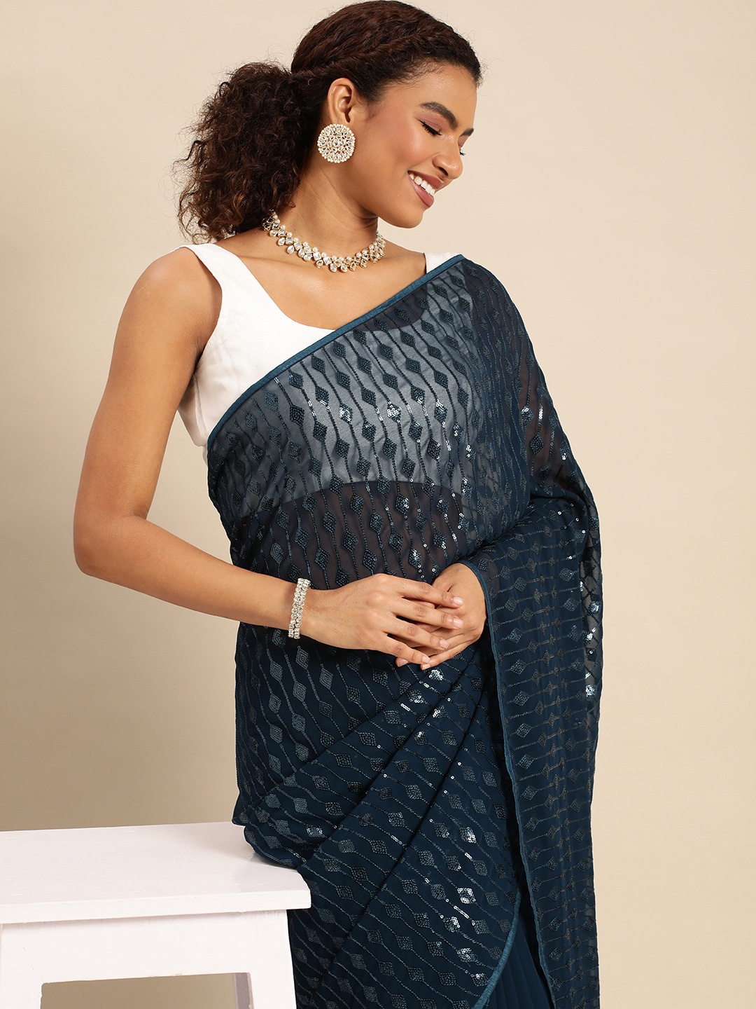 

kasee Embellished Sequinned Pure Georgette Saree, Blue