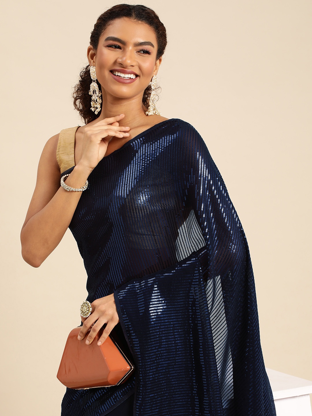

kasee Embellished Striped Sequinned Pure Georgette Saree, Navy blue