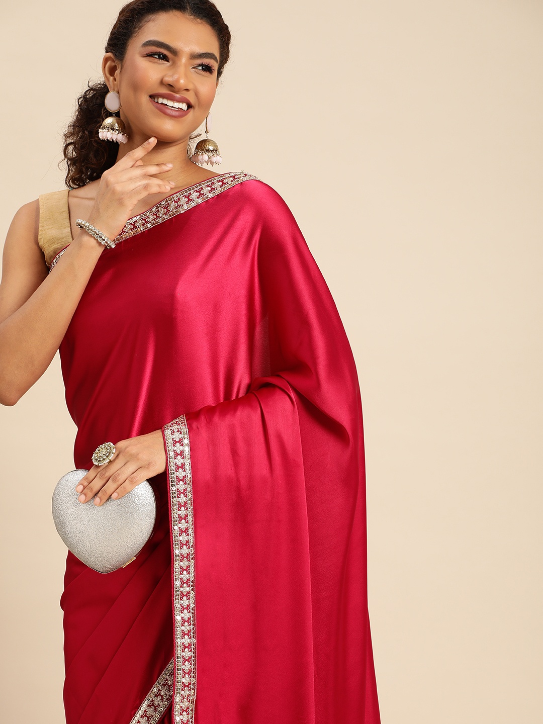 

kasee Solid Satin Saree, Red