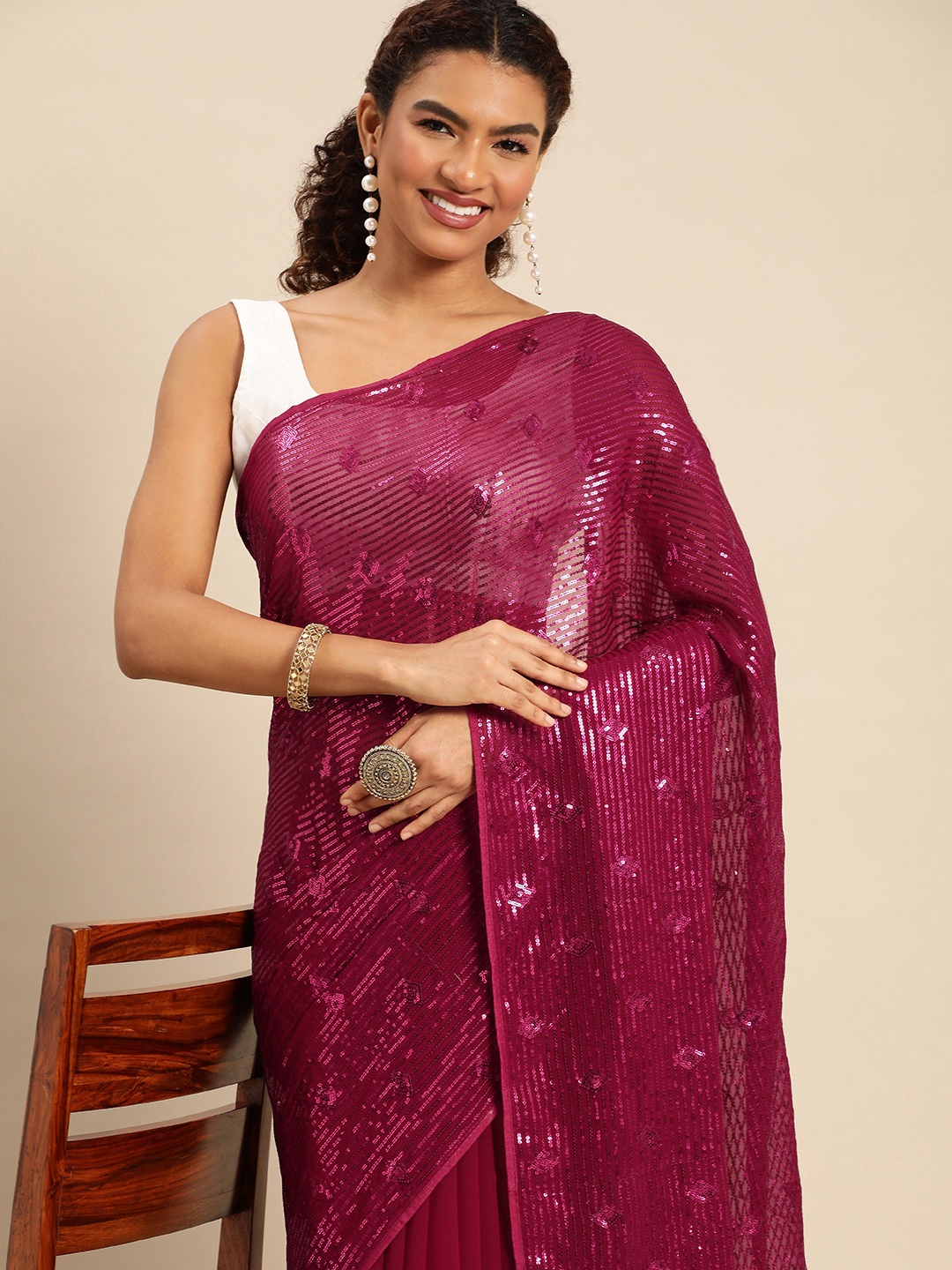 

kasee Embellished Sequinned Pure Georgette Saree, Burgundy