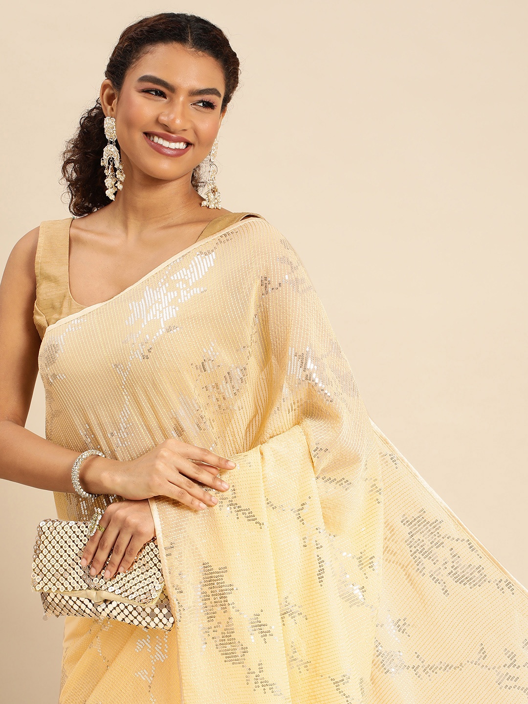 

kasee Embellished Striped Sequinned Pure Georgette Saree, Yellow