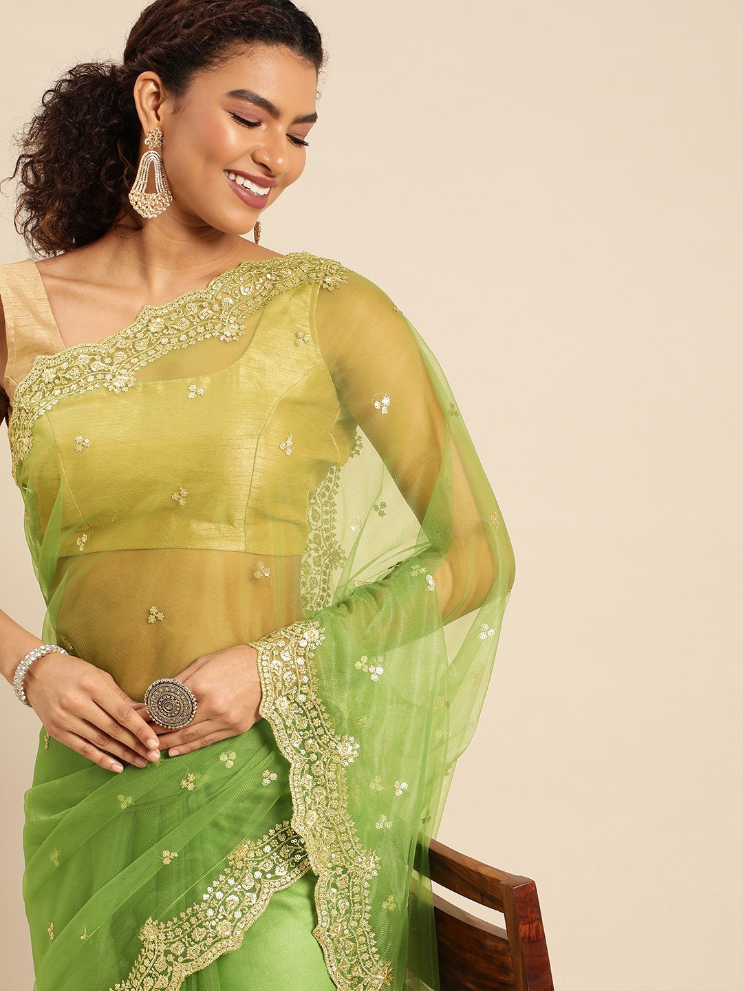 

kasee Woven Design Ethnic Motifs Sequinned Net Saree, Green