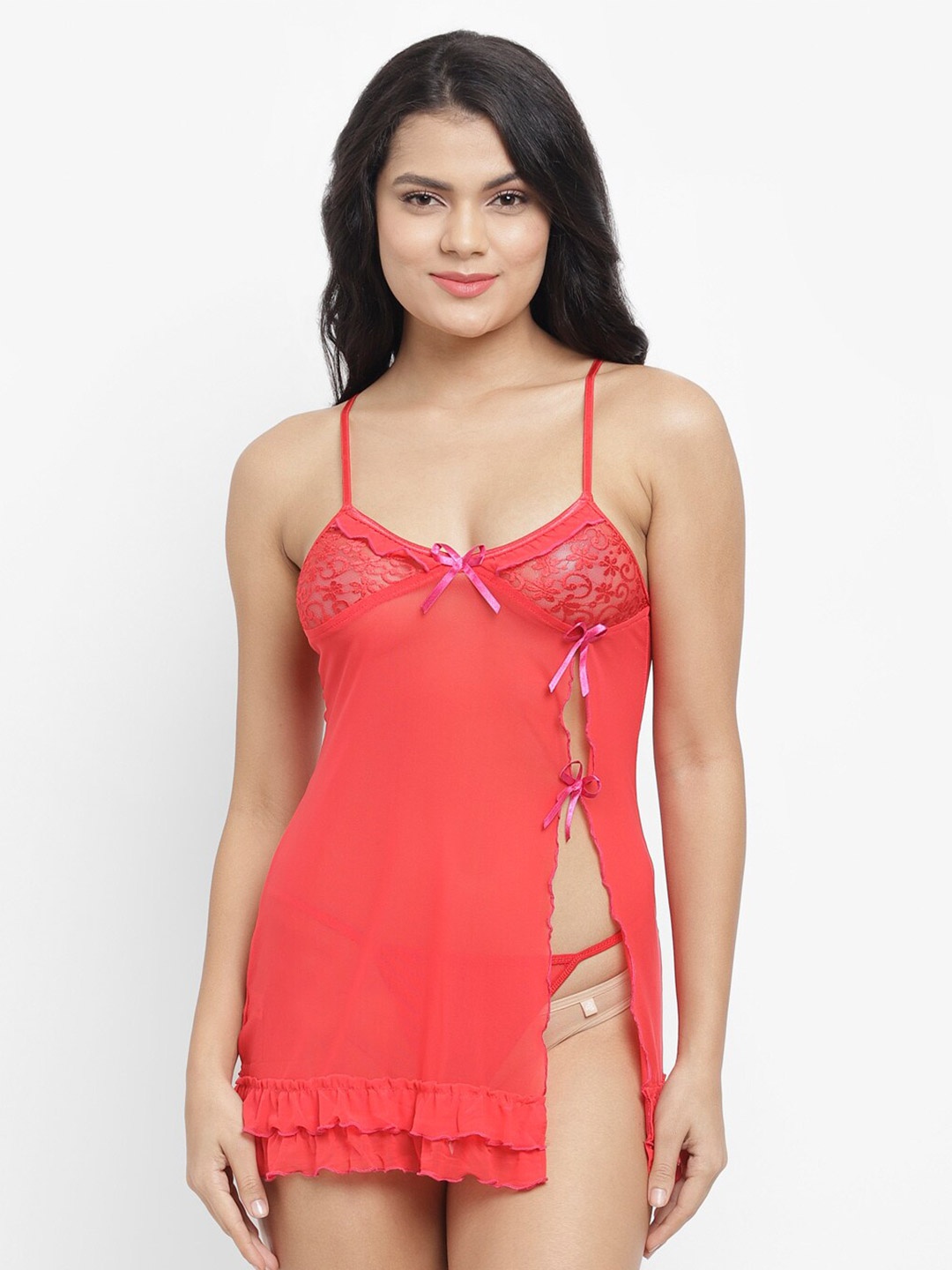 

N-Gal Sheer Lace Cups Baby Doll, Red