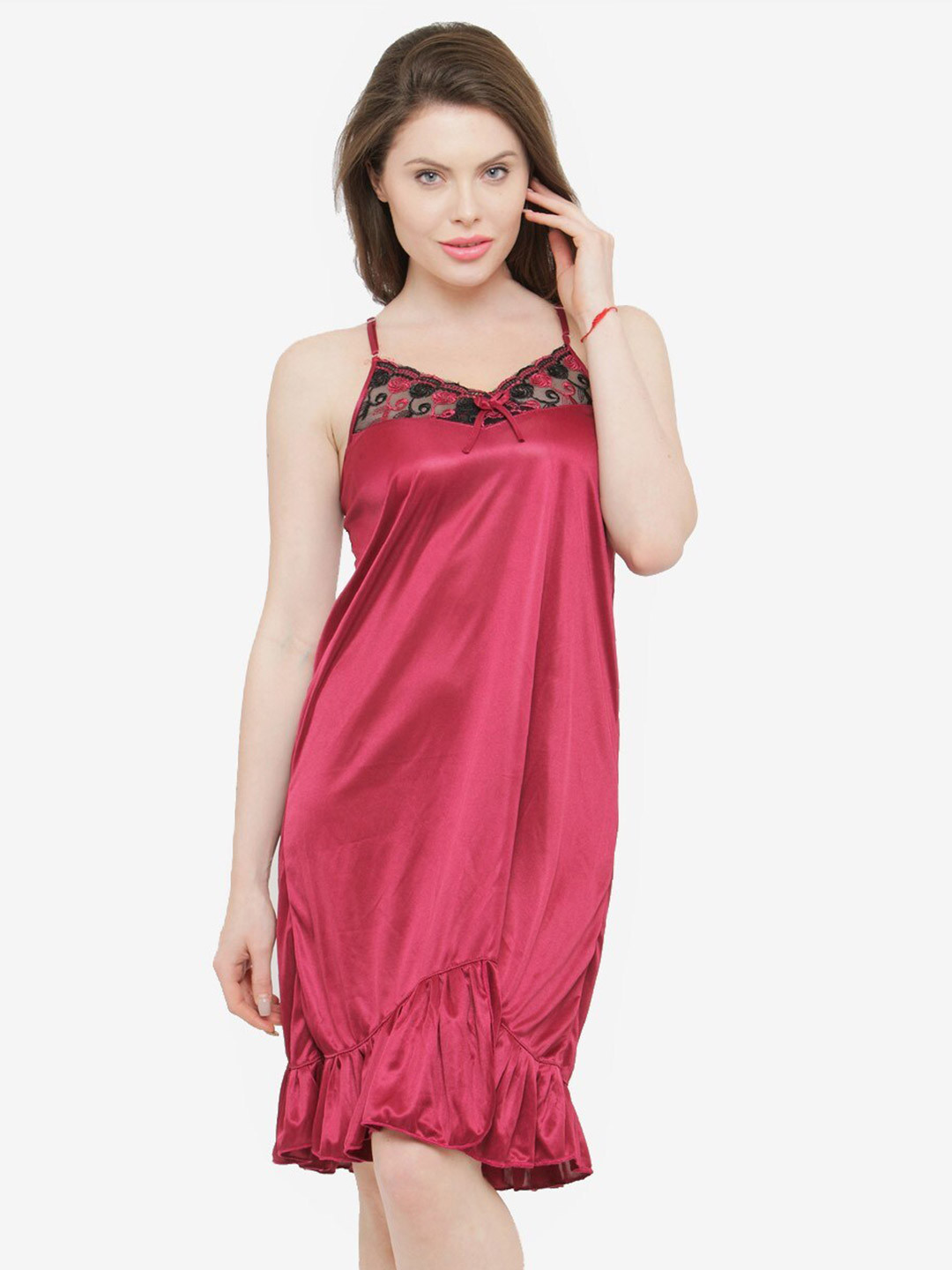 

N-Gal Satin Ruffle Edge Baby Doll, Maroon