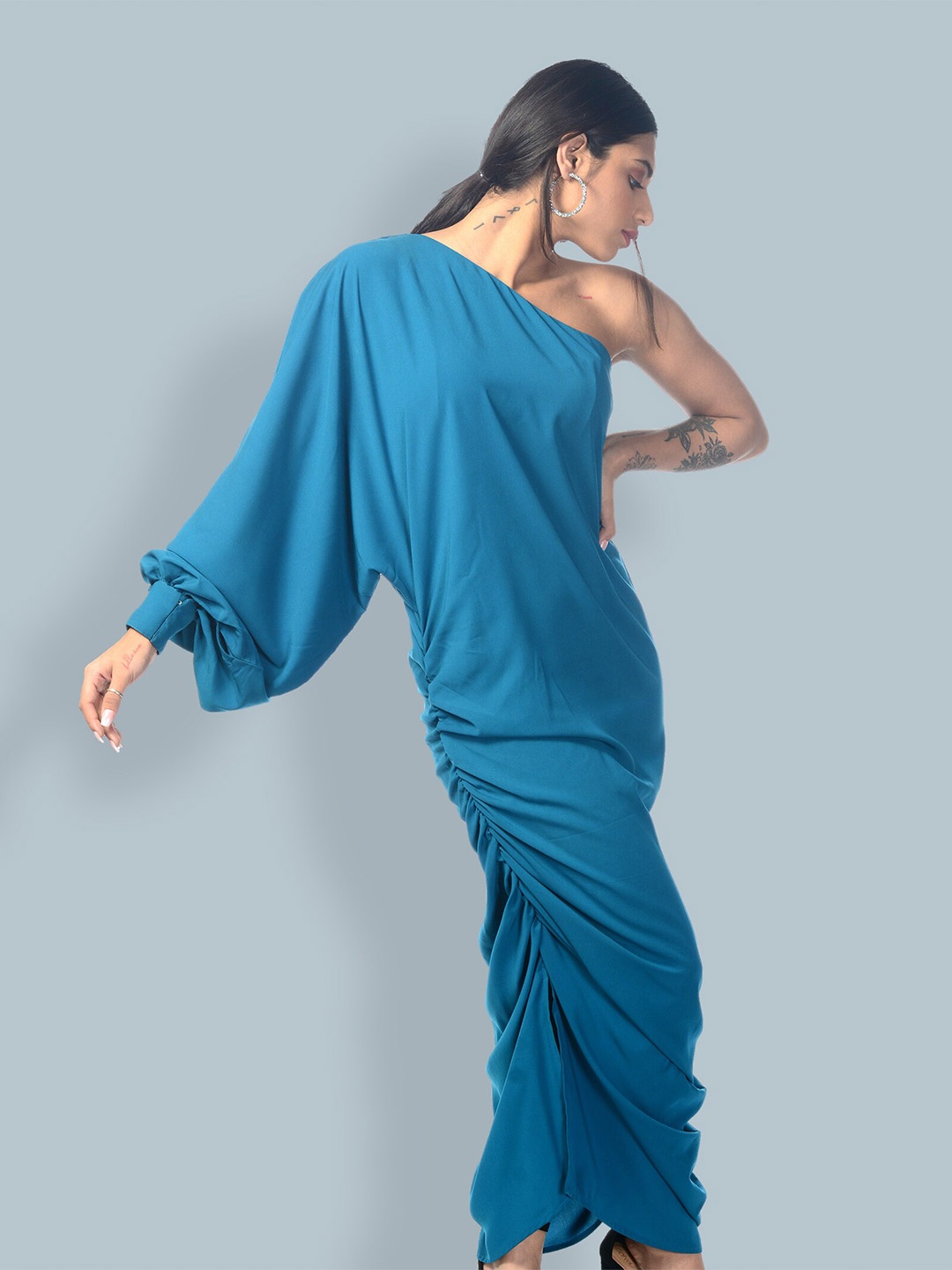 

MODWEE One Shoulder Blouson Midi Dress, Teal