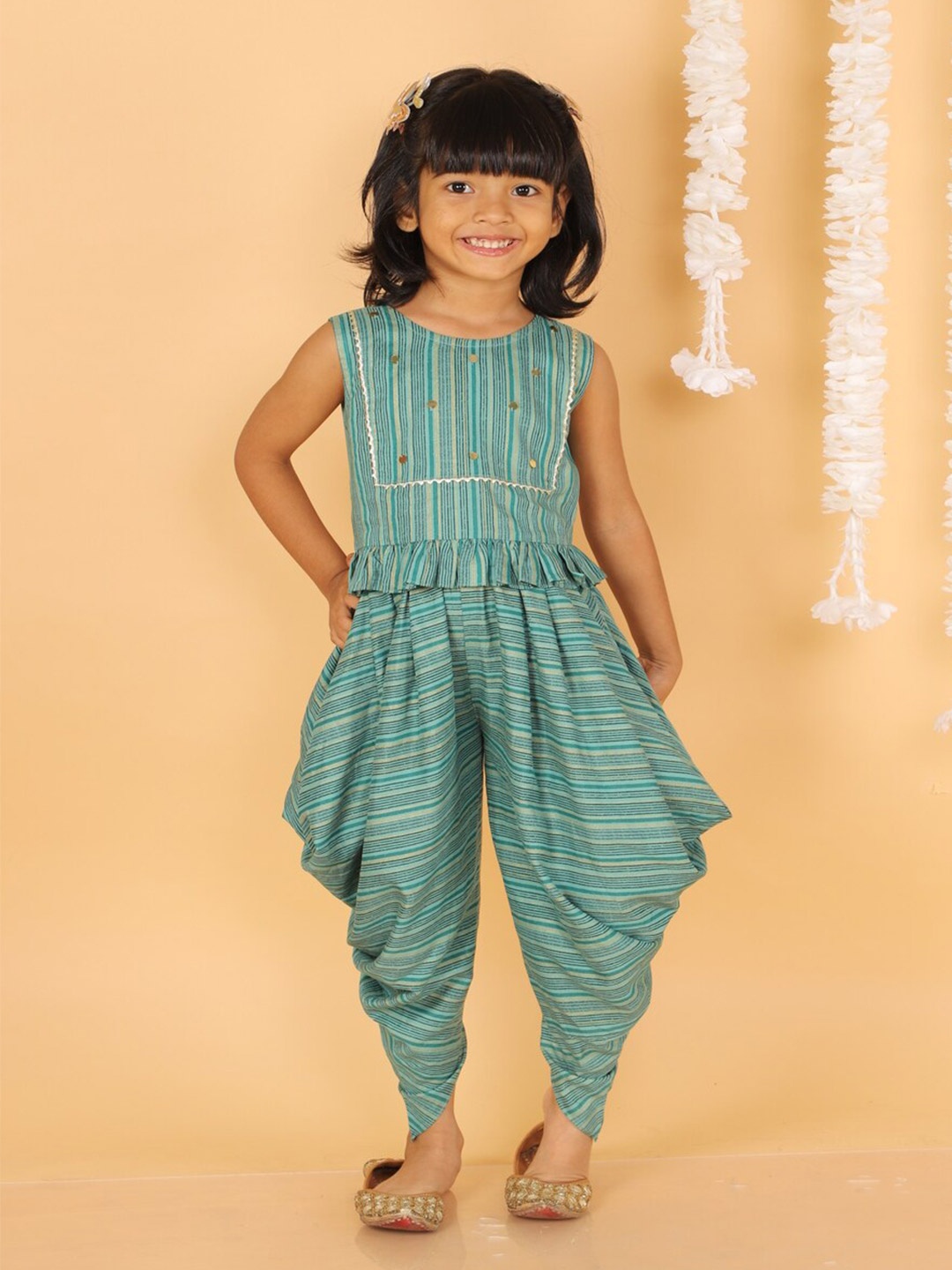 

LIL DRAMA Girls Striped Top with Dhoti Pants, Green