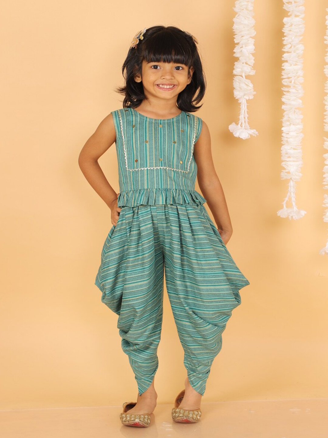 

LIL DRAMA Girls Striped Top with Dhoti Pants, Green