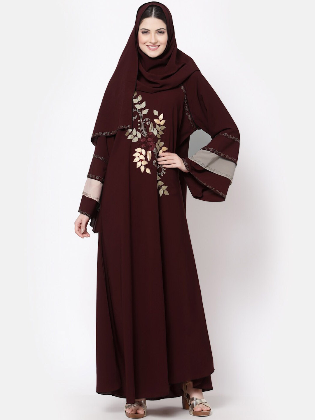 

Arrabi Long Sleeves Embroiderd Burqa With Scarf, Maroon