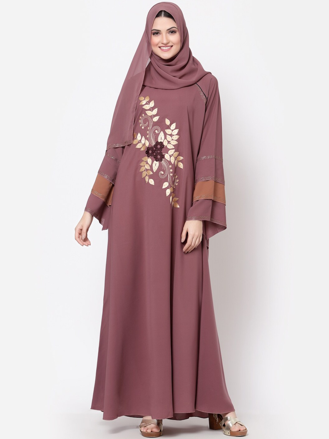 

Arrabi Embroidered Burqa With Scarf, Pink