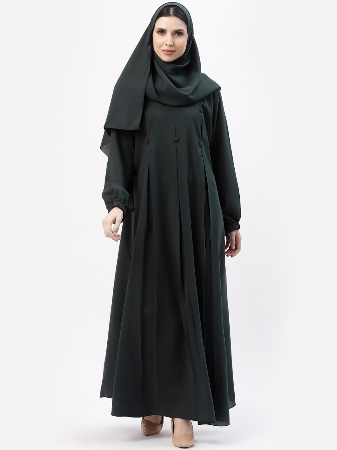 

Arrabi Button Detail Flared Burqa With Scarf, Grey