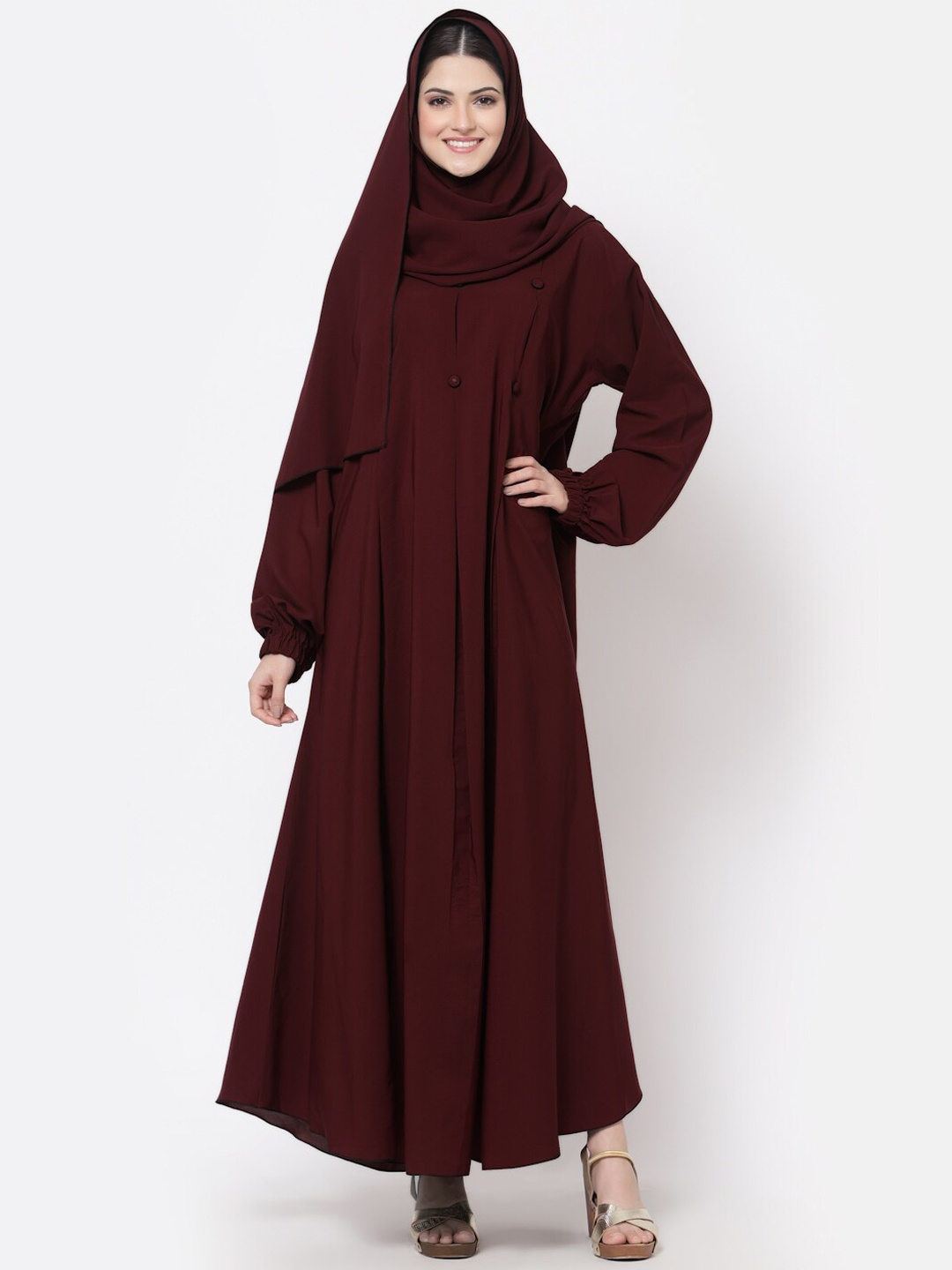 

Arrabi Button Detail Flared Burqa With Scarf, Red