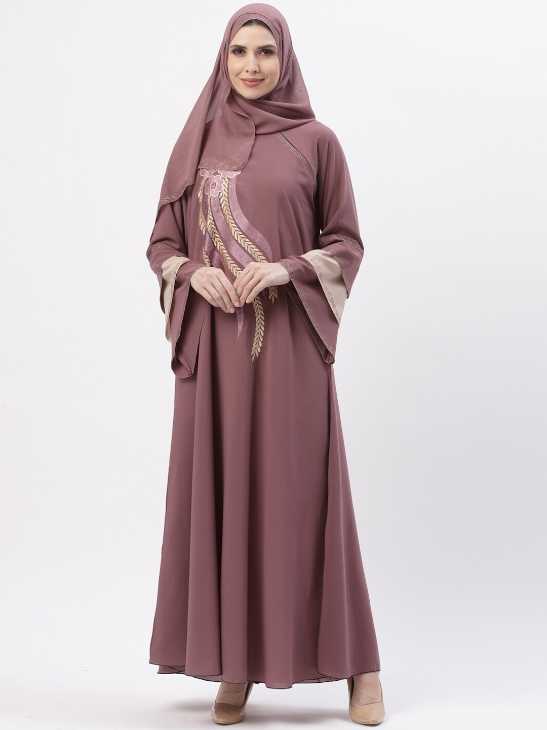 

Arrabi Embroidered Burqa With Scarf, Mauve