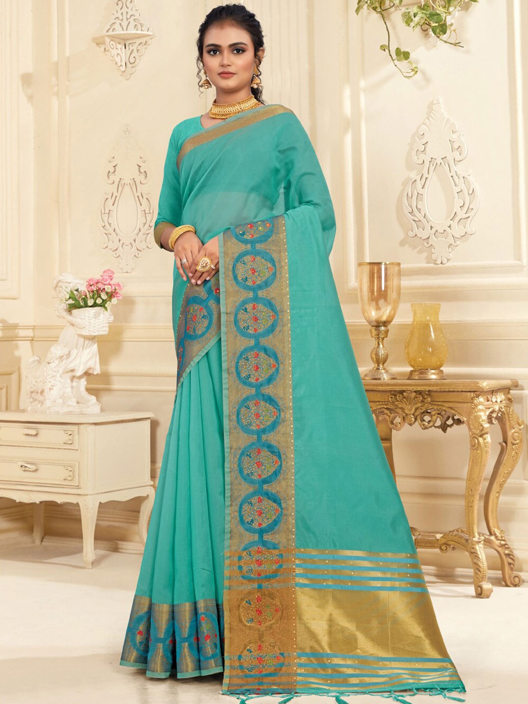 

SANGAM PRINTS Woven Design Organza Saree, Blue