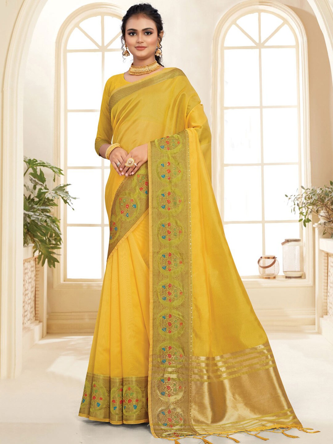

SANGAM PRINTS Zari Organza Saree, Yellow
