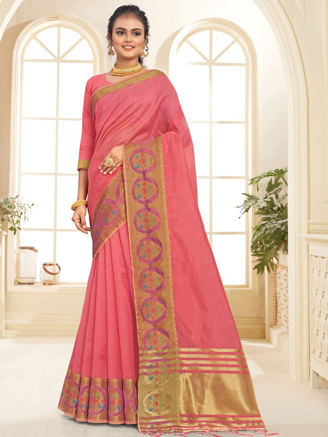

SANGAM PRINTS Zari Organza Saree, Pink