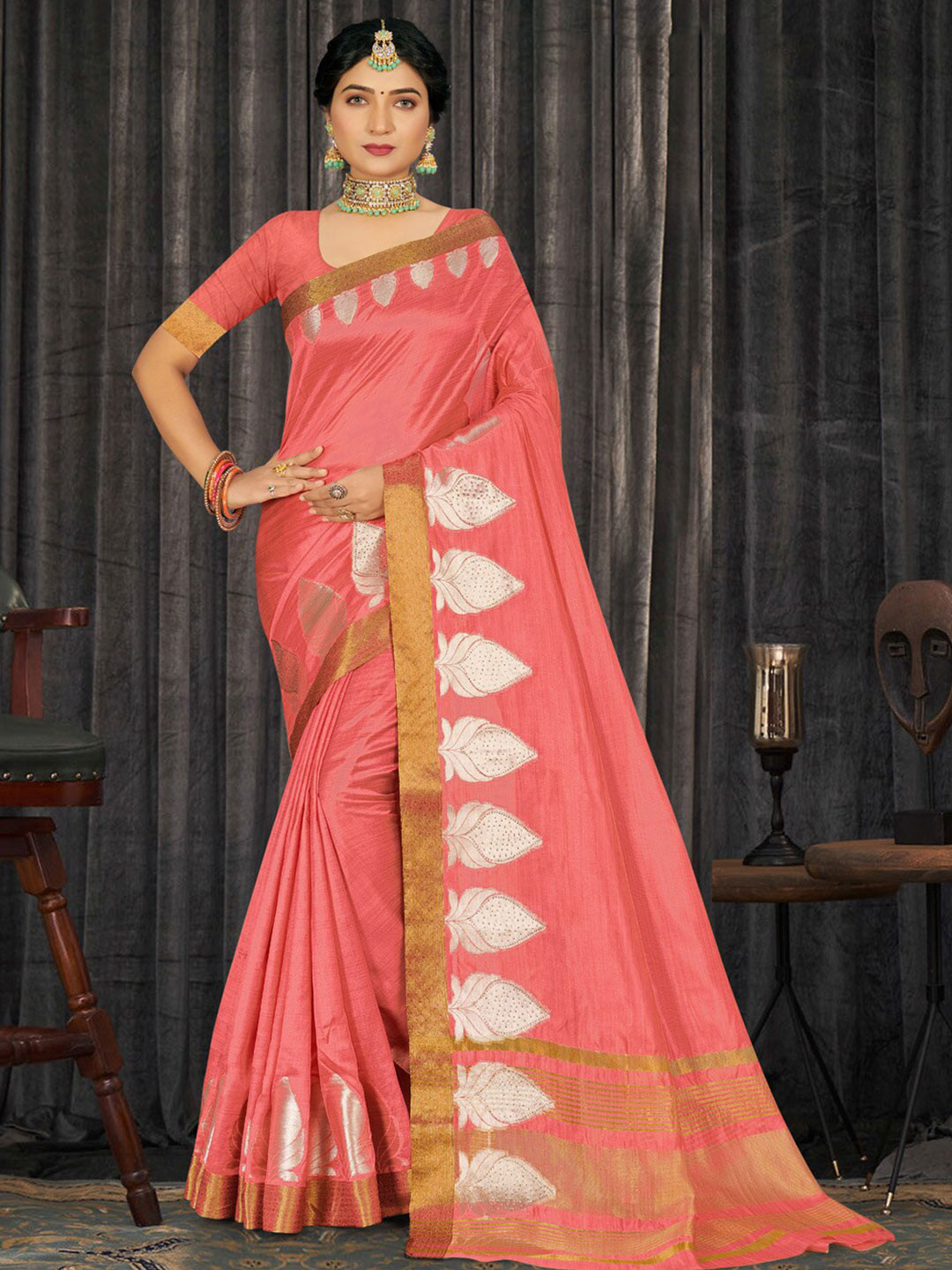 

SANGAM PRINTS Woven Design Zari Saree, Pink