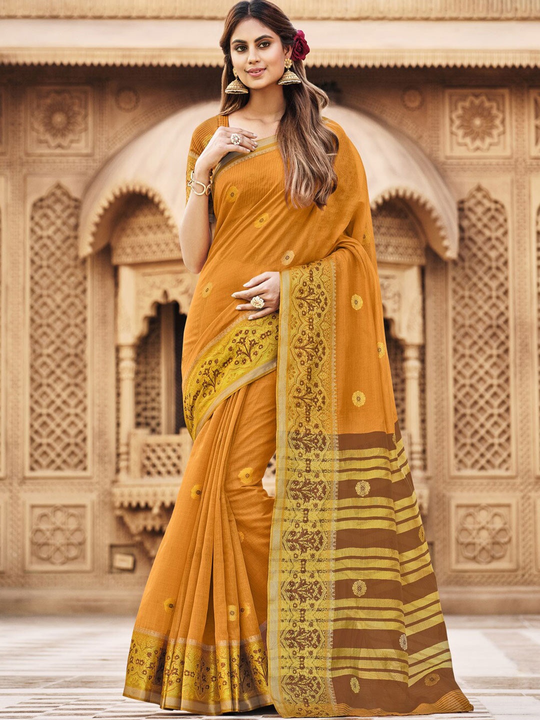 

SANGAM PRINTS Woven Design Saree, Mustard
