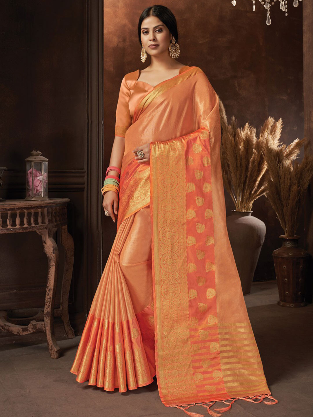 

SANGAM PRINTS Ethnic Motifs Zari Organza Saree, Orange