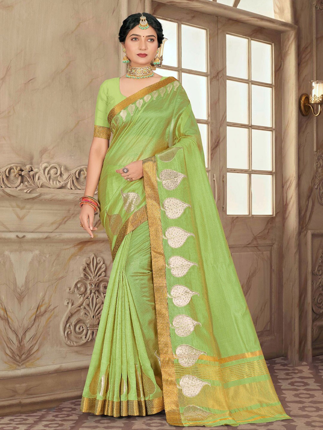 

SANGAM PRINTS Ethnic Motifs Saree, Green